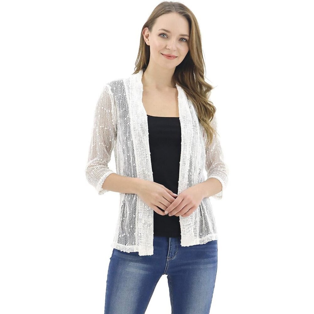 Women's Mesh Crochet Shrug Cardigan Lightweight 3/4 Sleeve Open Front